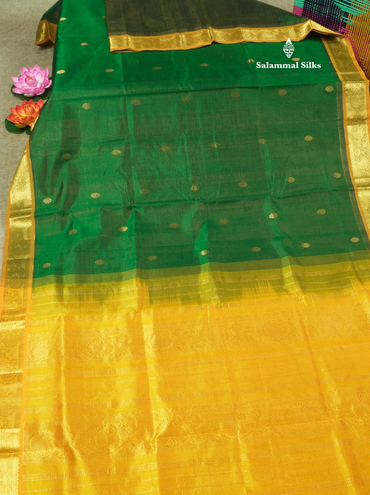 Bottle Green Traditional Vaira Oosi Butta Pure Silk Cotton Saree With Contrast Mustard Yellow Border