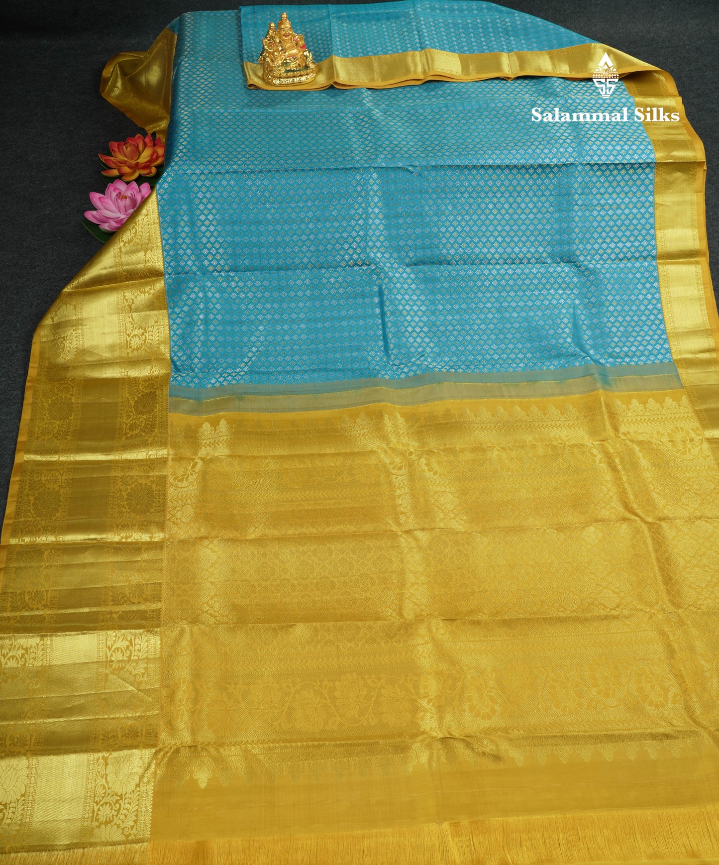 Kanjivaram Beautiful Ramar Blue Gold And Silver Daimond Buttas Pure Silk Saree With Mustard Yellow Border