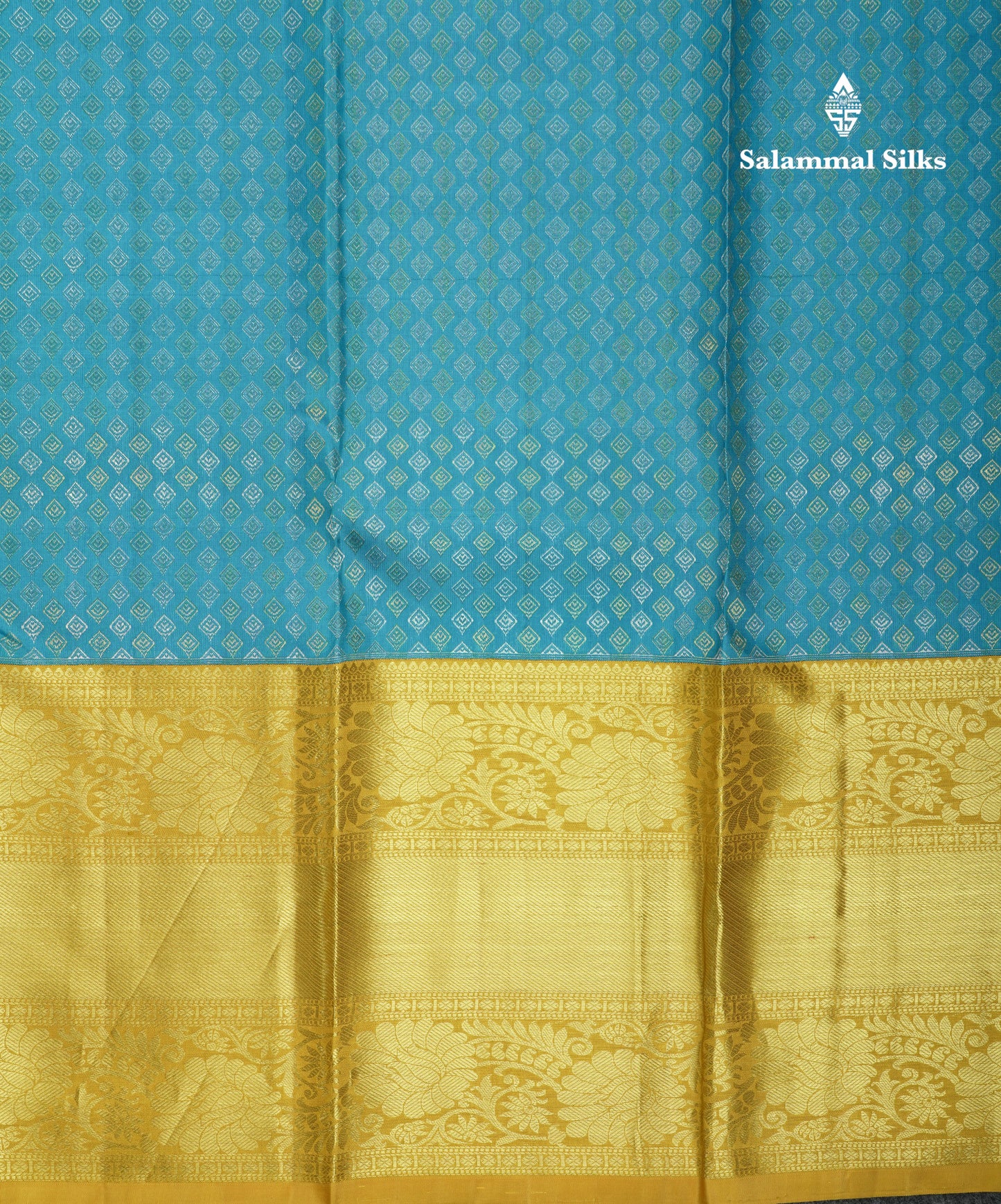 Kanjivaram Beautiful Ramar Blue Gold And Silver Daimond Buttas Pure Silk Saree With Mustard Yellow Border
