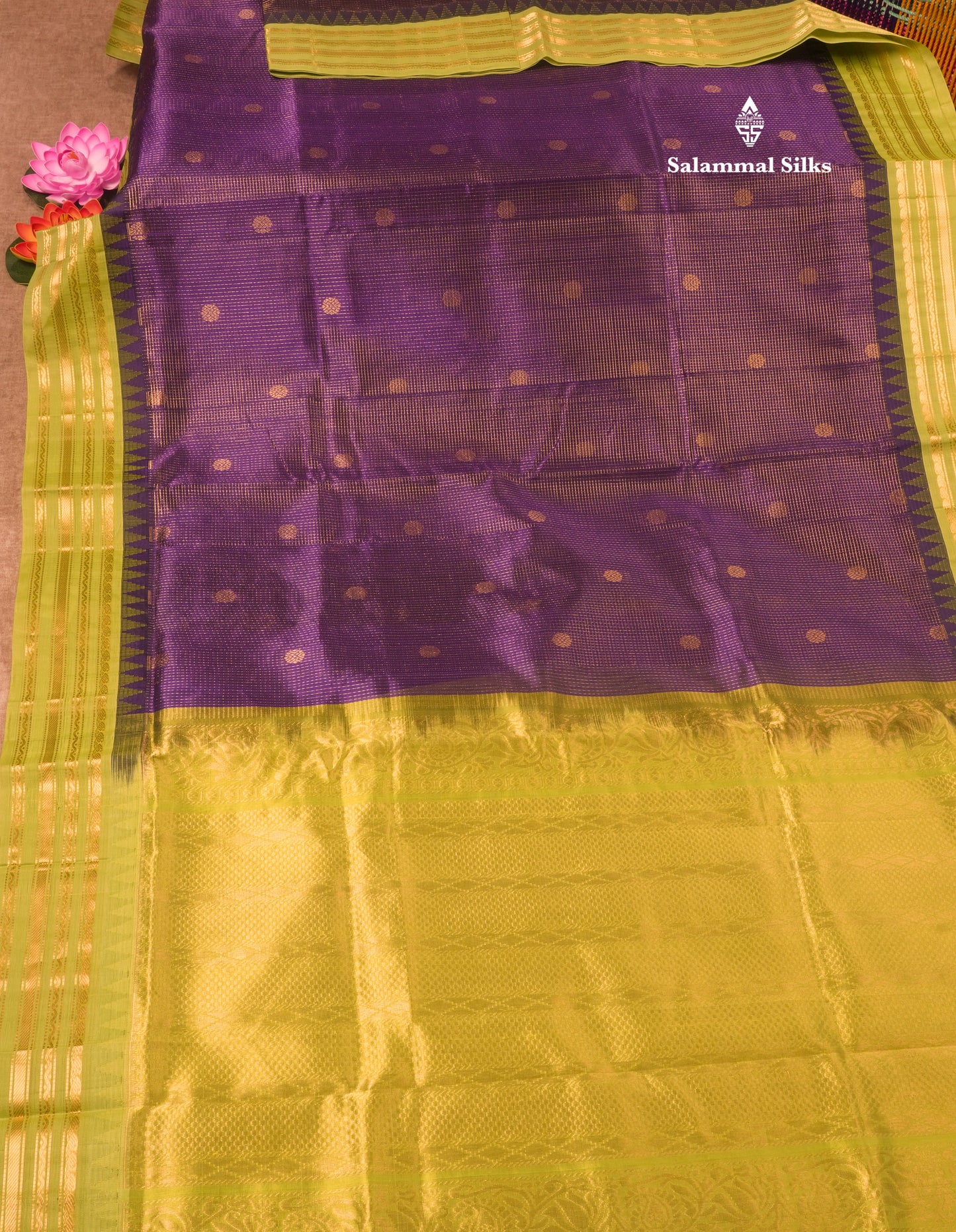 Violet Tiny Zari Checks Pure Silk Cotton Saree With Contrast Parrot Green Border