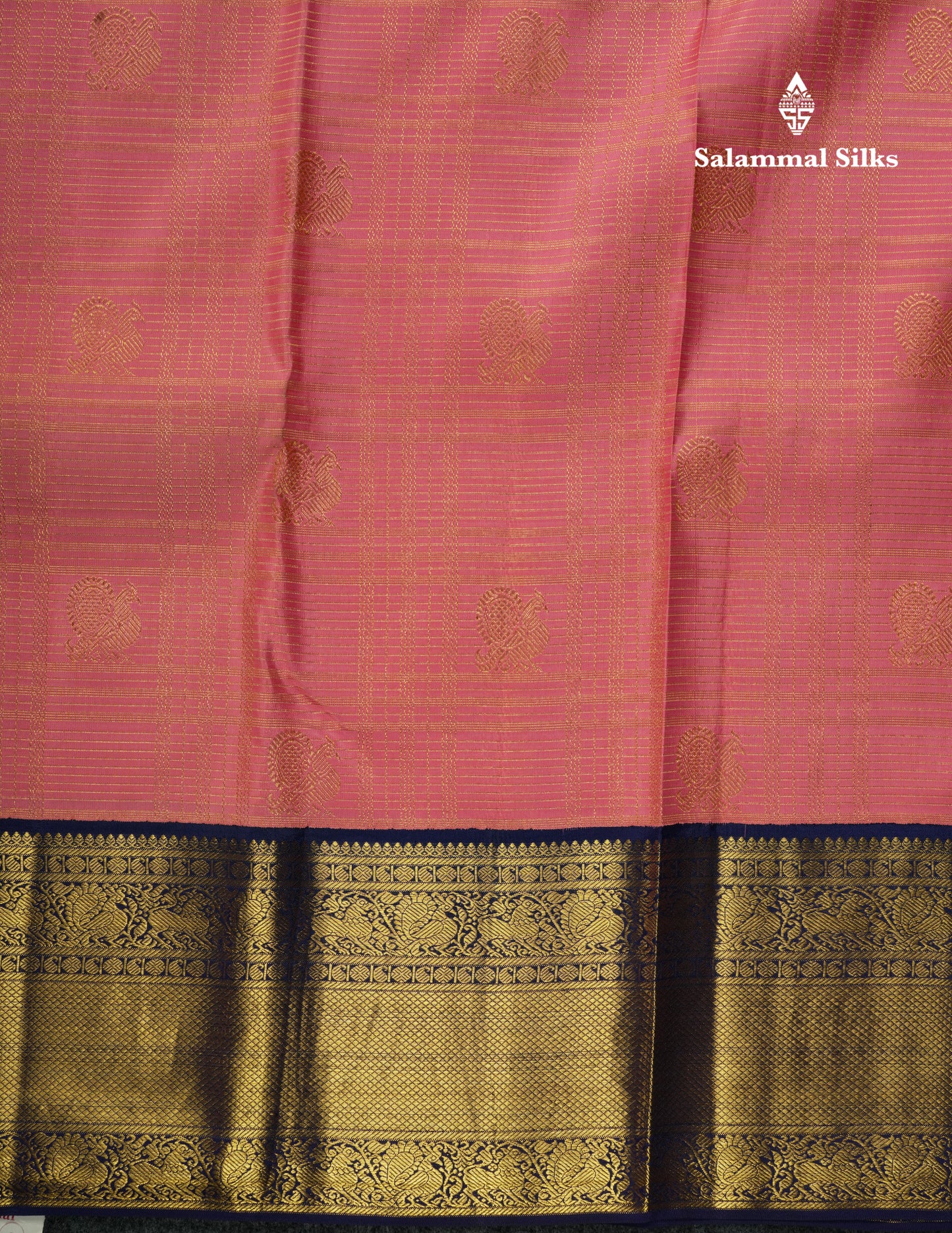 Kanjivaram Korvai Traditional Checks Baby Pink Silk Saree With Violet Border