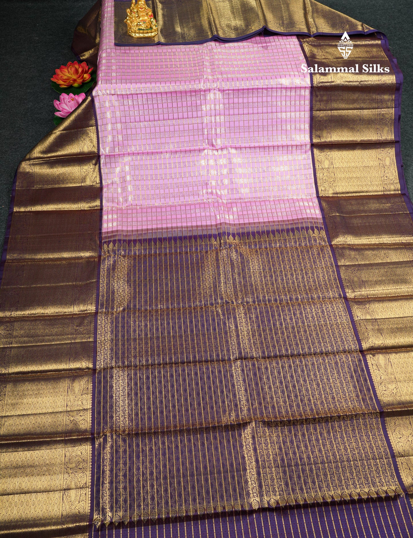 Baby Pink Traditional Gold Zari Checks And Silver Zari Buttas Pure KanjivaramSilk Saree With Long Navy Blue Equal Border