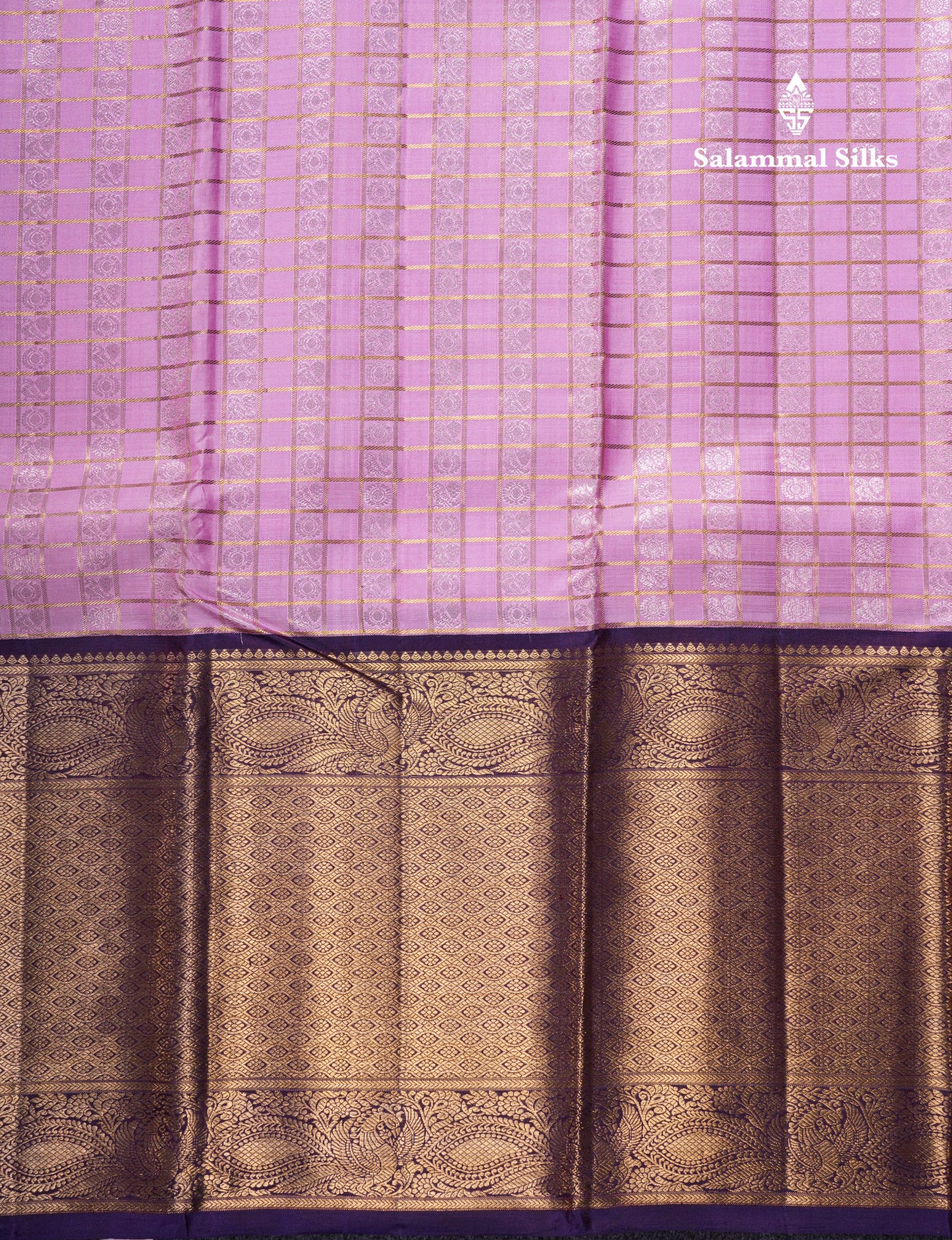 Baby Pink Traditional Gold Zari Checks And Silver Zari Buttas Pure KanjivaramSilk Saree With Long Navy Blue Equal Border