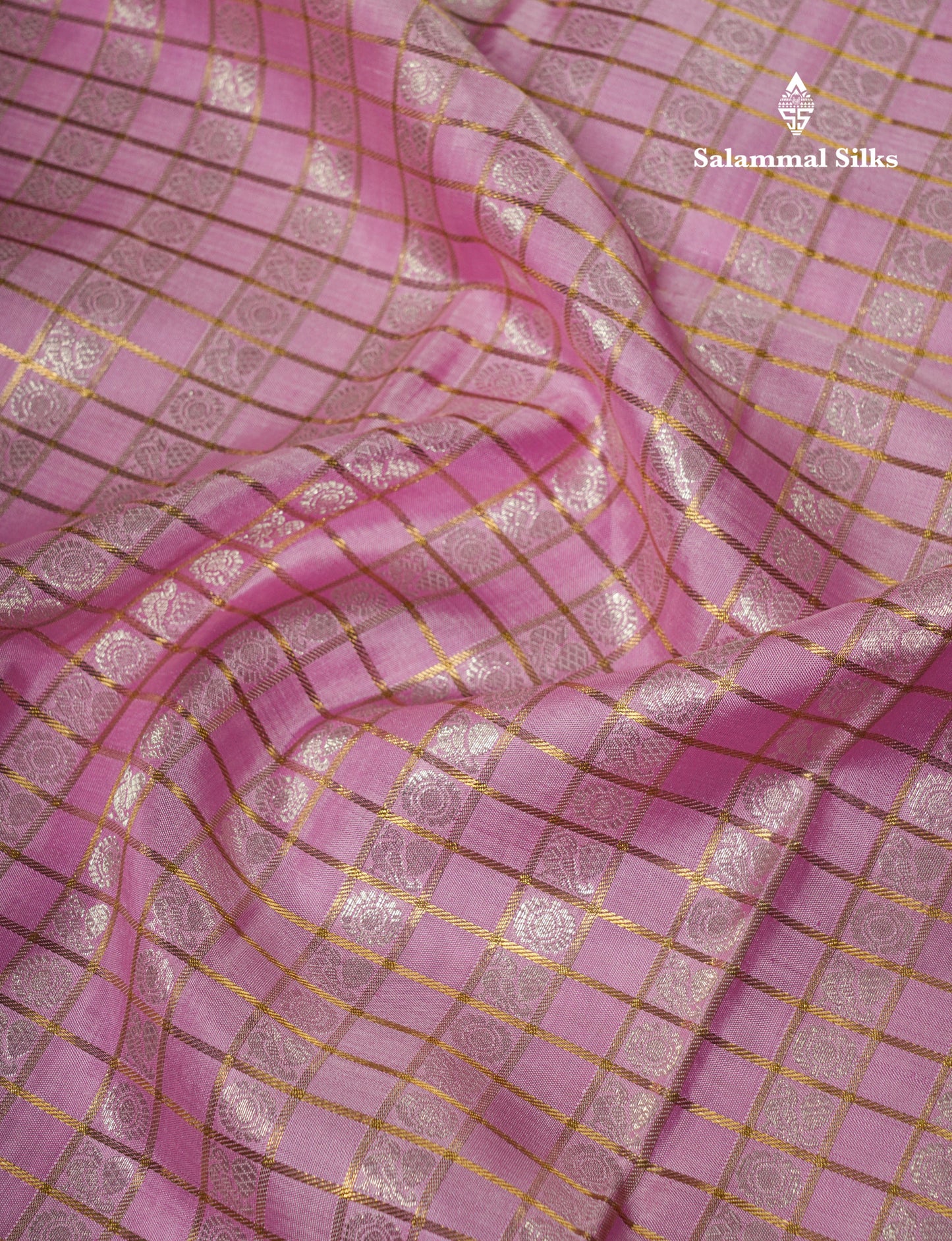 Baby Pink Traditional Gold Zari Checks And Silver Zari Buttas Pure KanjivaramSilk Saree With Long Navy Blue Equal Border