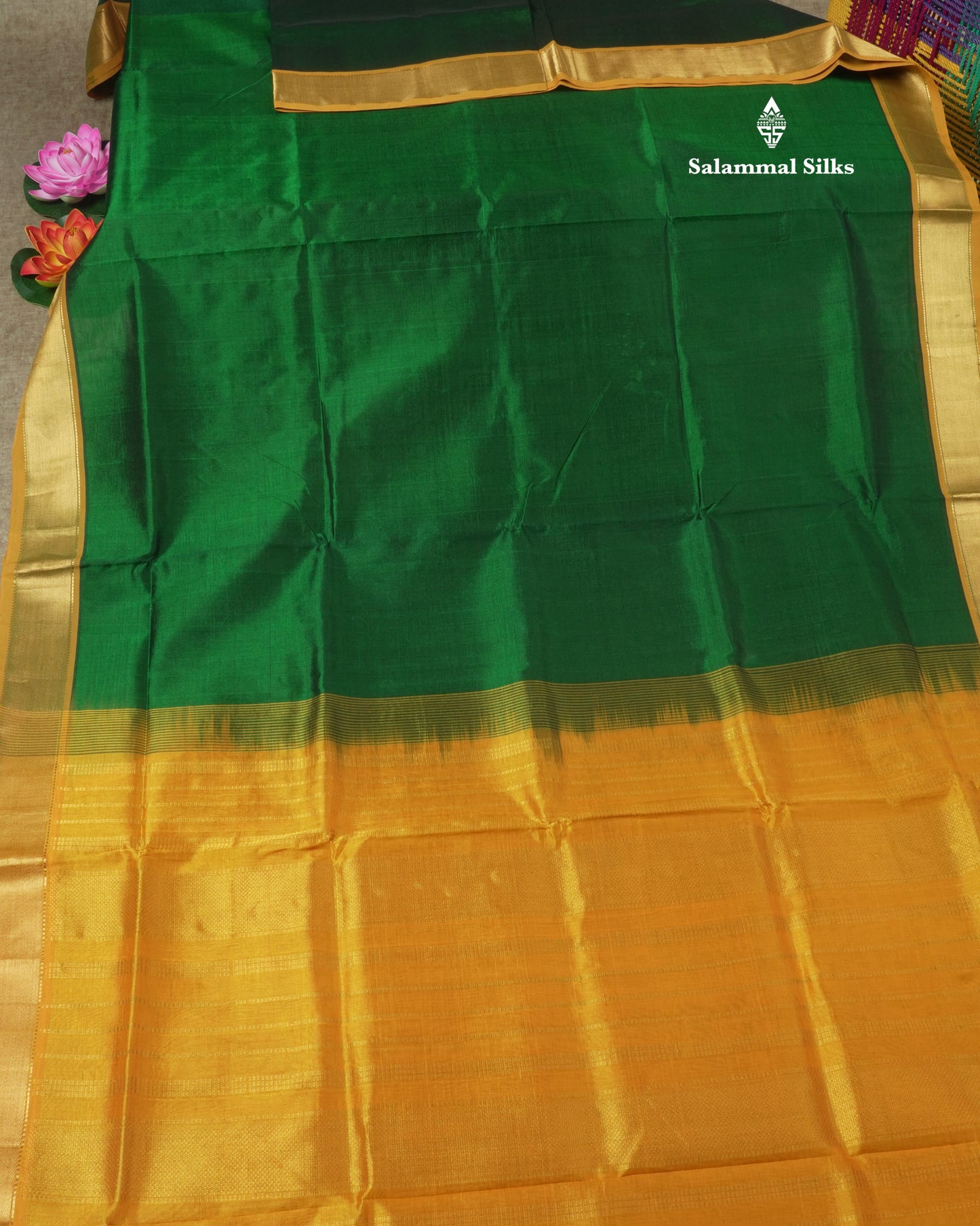 Bottle Green Plain Pure Silk Cotton Saree With Contrast Mustard Yellow Border