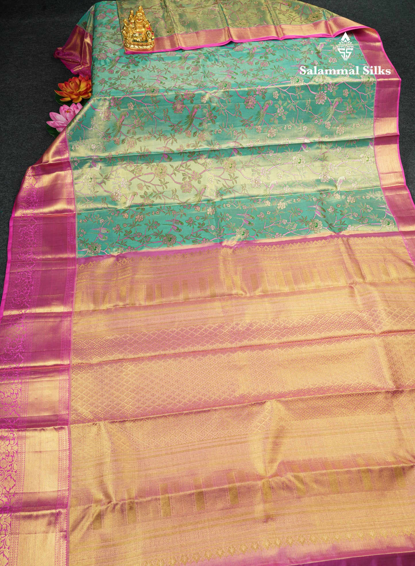 Kanjivaram Green Pink Tissue Pure Silk Saree With Pink Border