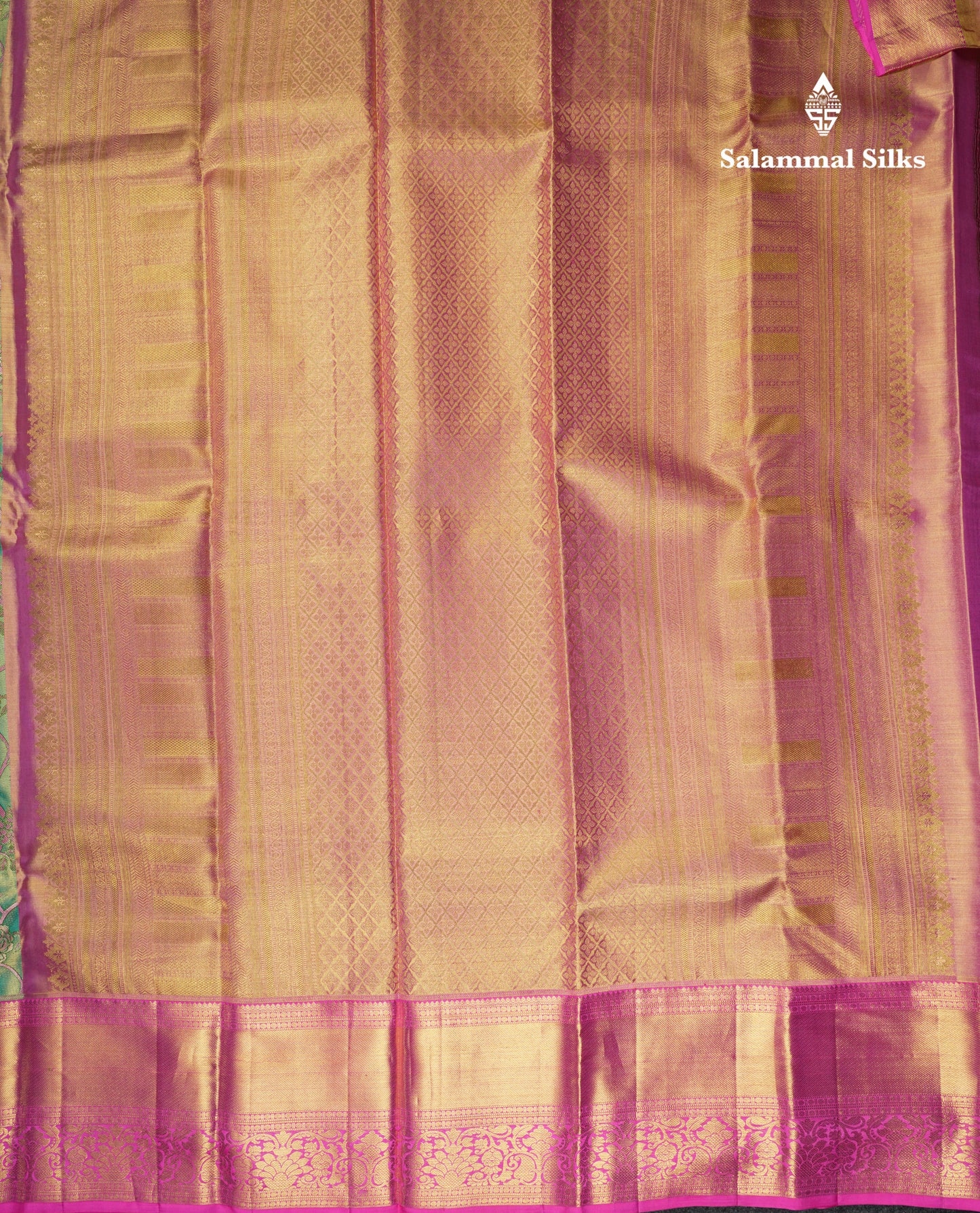 Kanjivaram Green Pink Tissue Pure Silk Saree With Pink Border