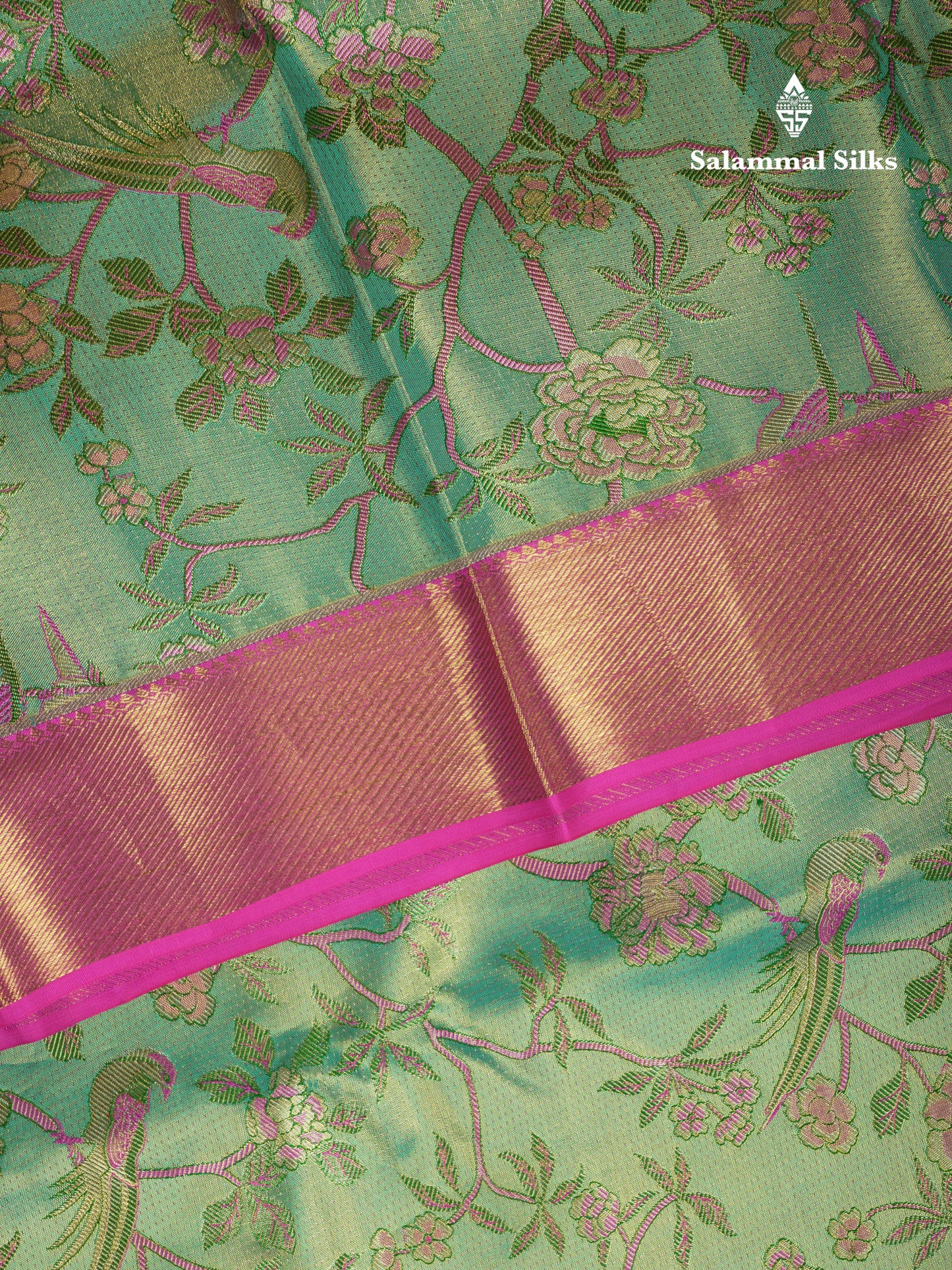 Kanjivaram Green Pink Tissue Pure Silk Saree With Pink Border