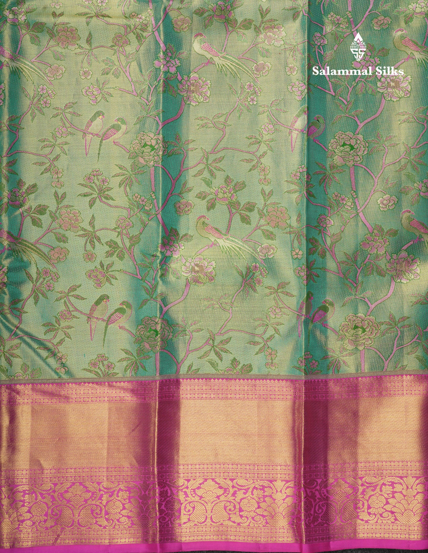 Kanjivaram Green Pink Tissue Pure Silk Saree With Pink Border