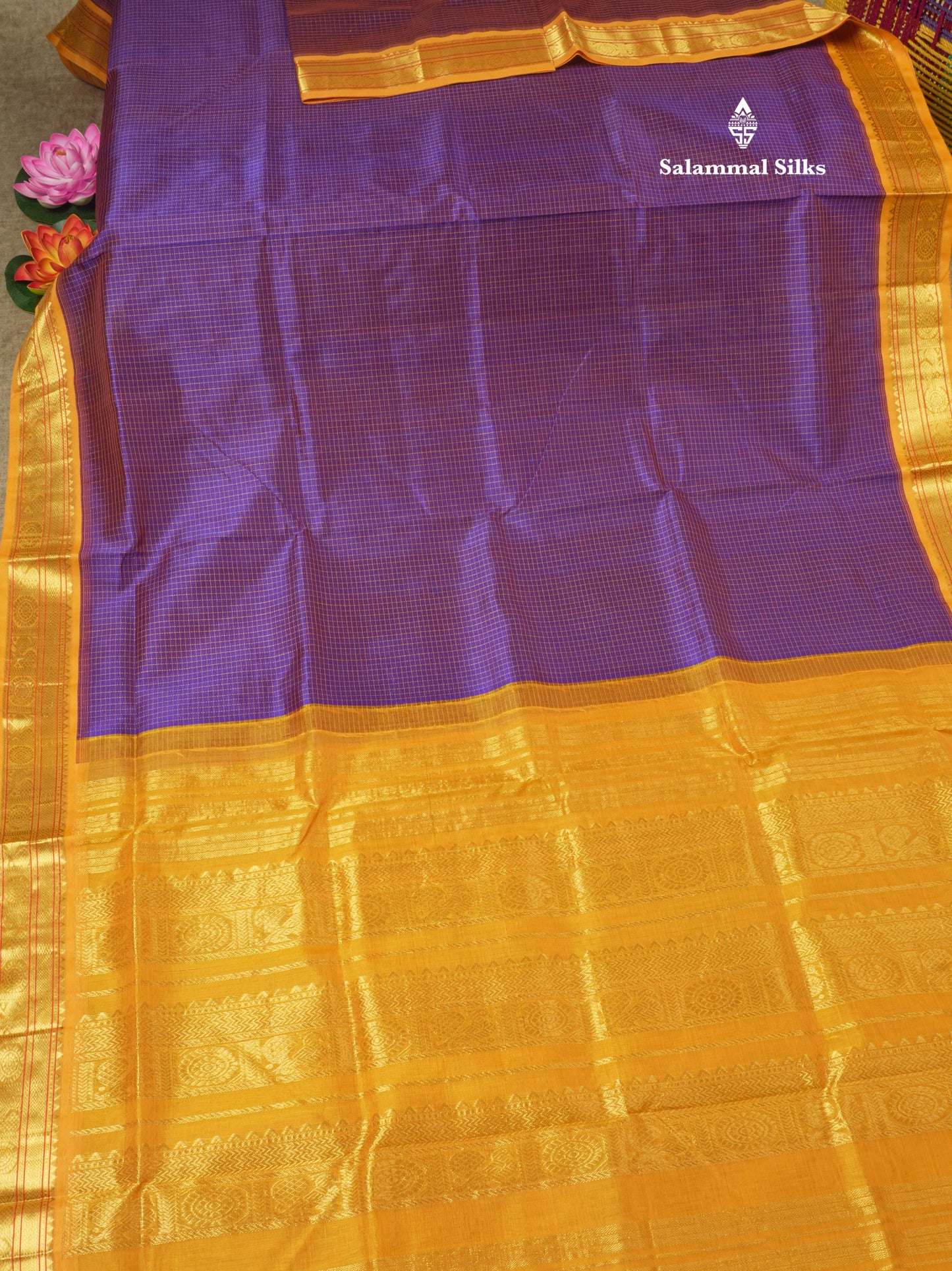 Violet Tiny Checks Pure Silk Cotton Saree With Contrast Mustard Yellow Traditional Border