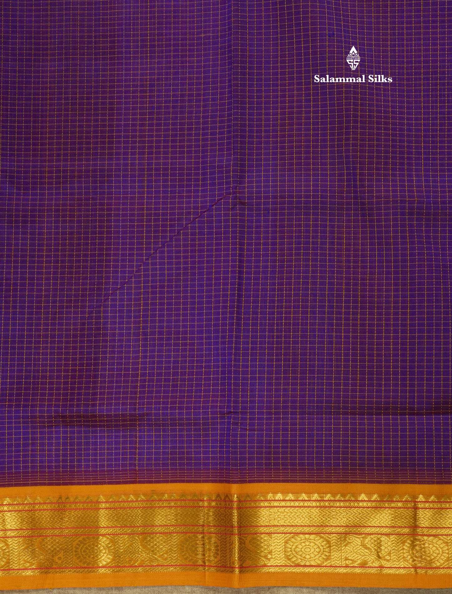 Violet Tiny Checks Pure Silk Cotton Saree With Contrast Mustard Yellow Traditional Border