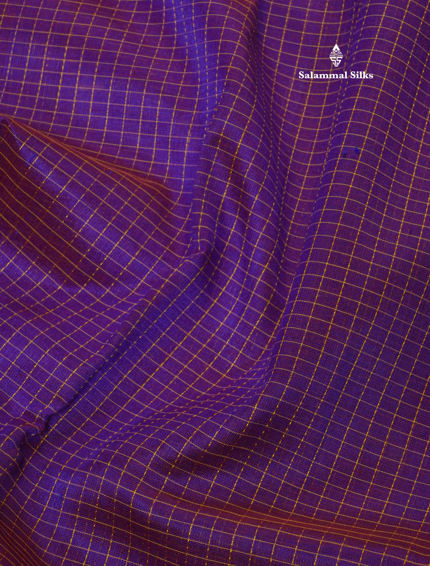 Violet Tiny Checks Pure Silk Cotton Saree With Contrast Mustard Yellow Traditional Border