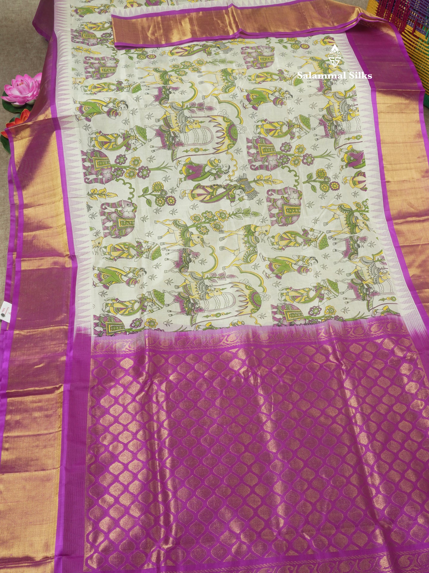 White Printed Pure Silk Cotton Saree With Contrast Vadamalli Traditional Temple Border
