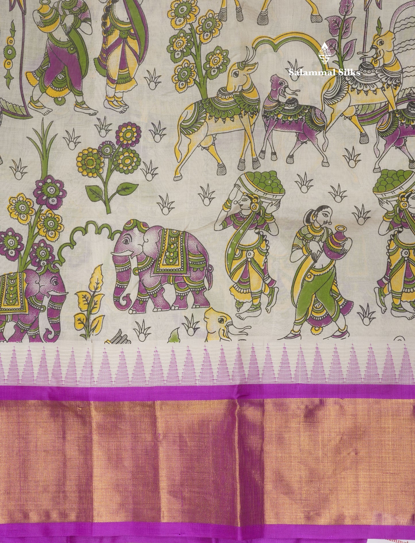 White Printed Pure Silk Cotton Saree With Contrast Vadamalli Traditional Temple Border