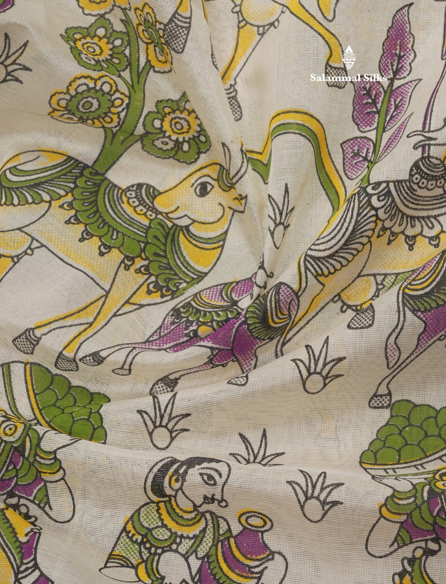 White Printed Pure Silk Cotton Saree With Contrast Vadamalli Traditional Temple Border