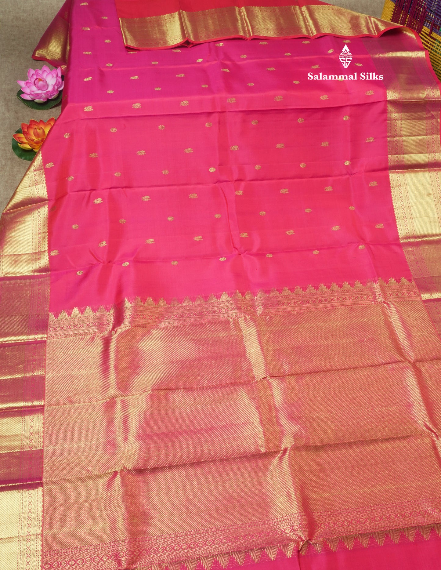 Dual tone Reddish Pink Pure Kanjivaram Silk Saree with Gold Zari Border