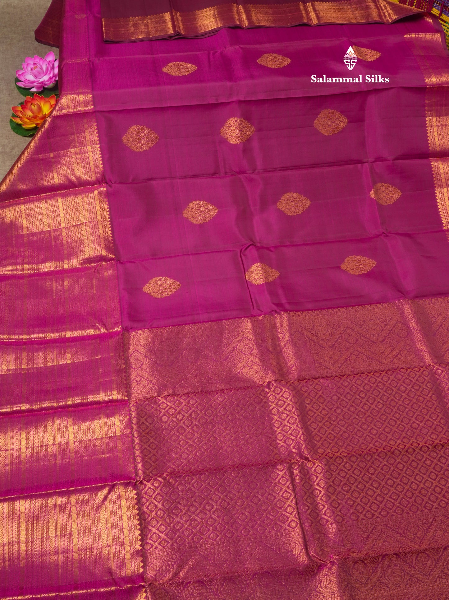 Kanjivaram Magenta Pure Silk Saree with Copper Zari Traditional Long Border