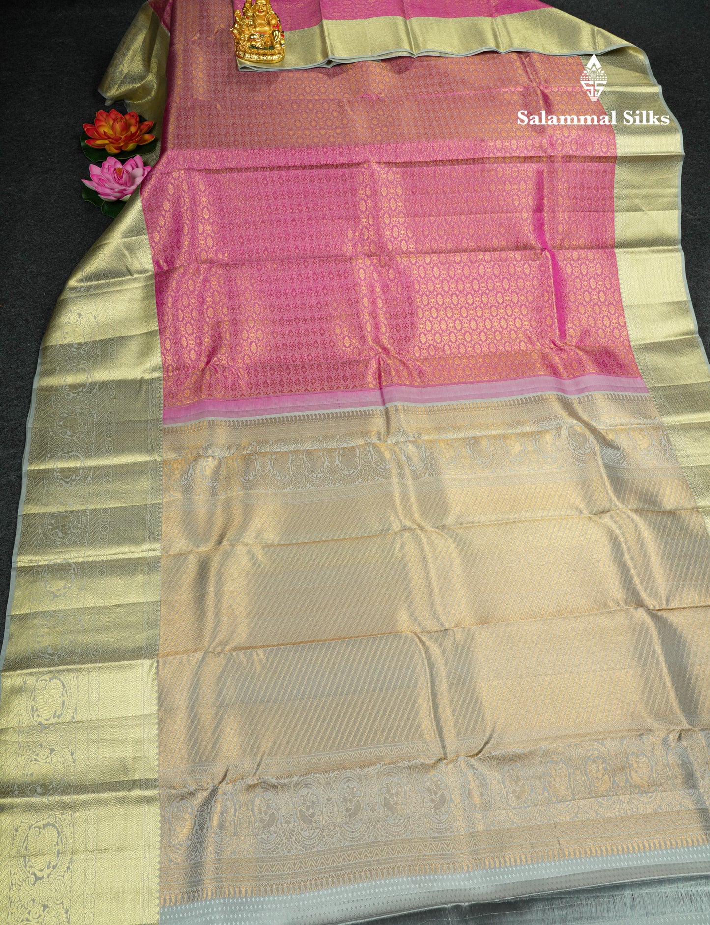 Light Pink Bridal Pure Kanjivaram Silk Saree With Contrast Grey Border