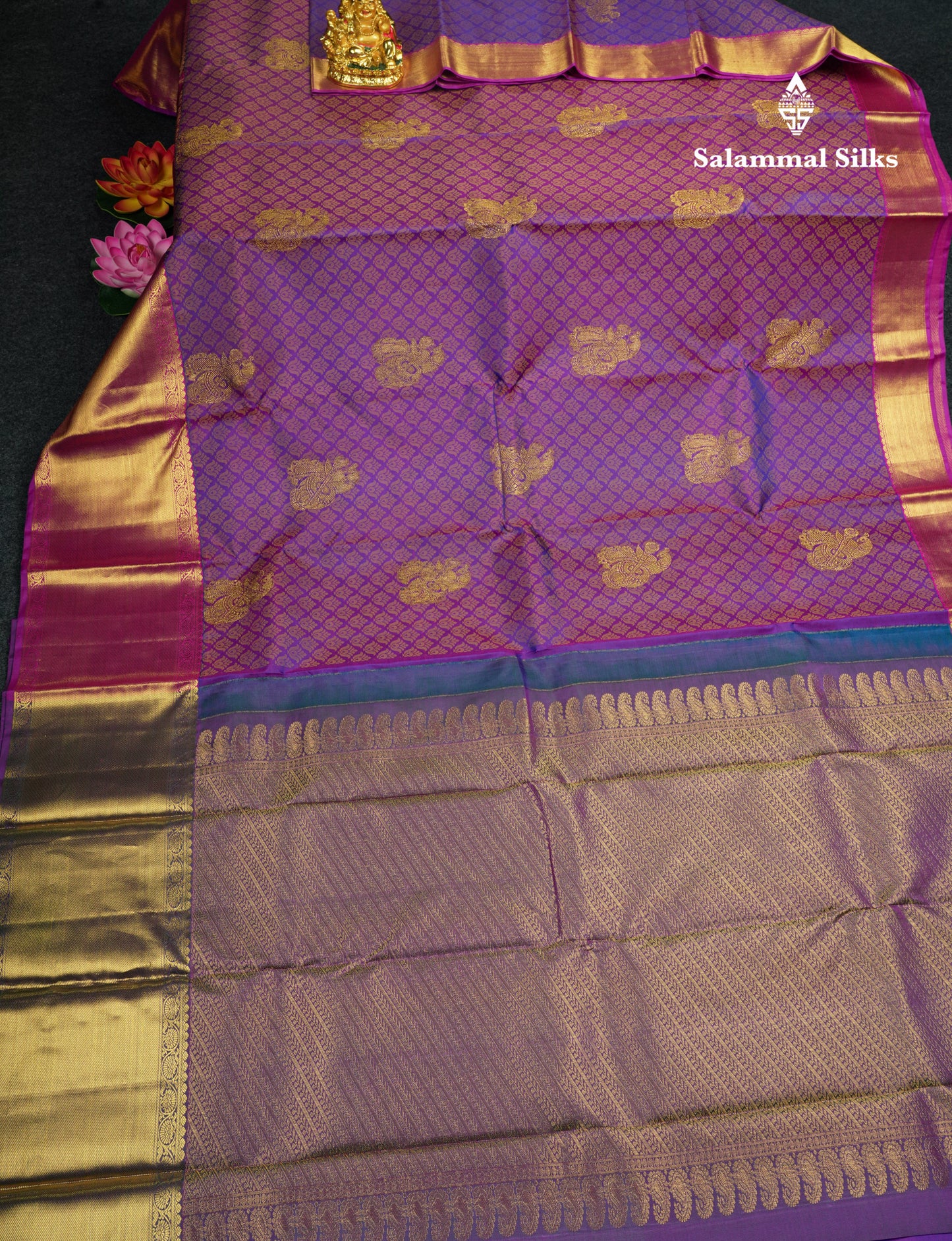 Kanjivaram Violet Pure Silk Jacquard Saree With Pink Blouse