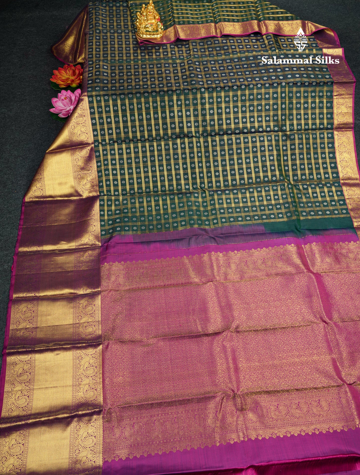 Kanjivaram Bottle Green Checks Silk Saree With Magenta Border