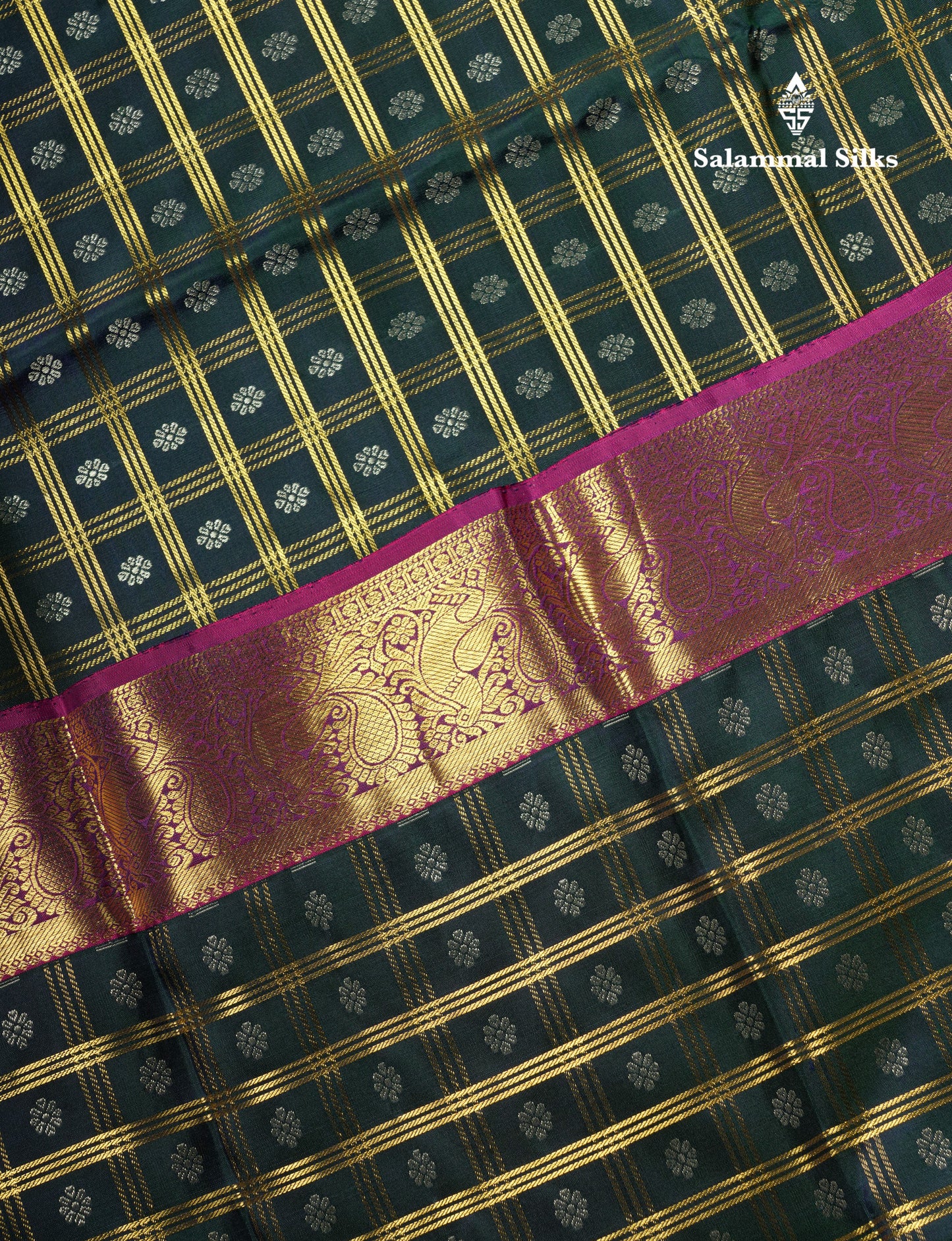 Kanjivaram Bottle Green Checks Silk Saree With Magenta Border