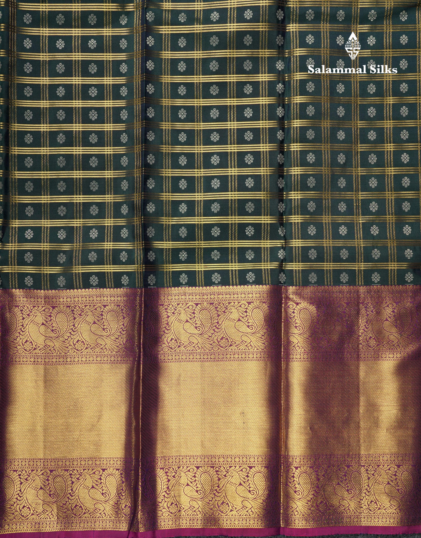 Kanjivaram Bottle Green Checks Silk Saree With Magenta Border