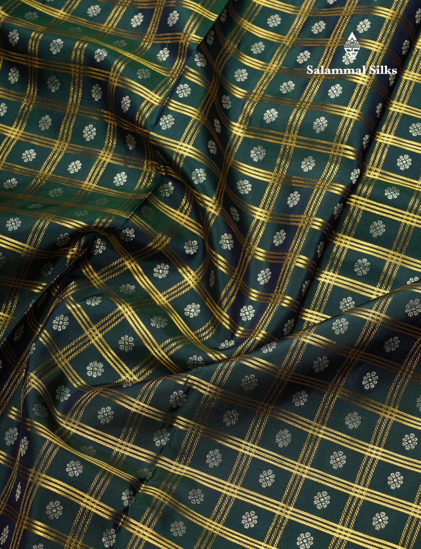 Kanjivaram Bottle Green Checks Silk Saree With Magenta Border