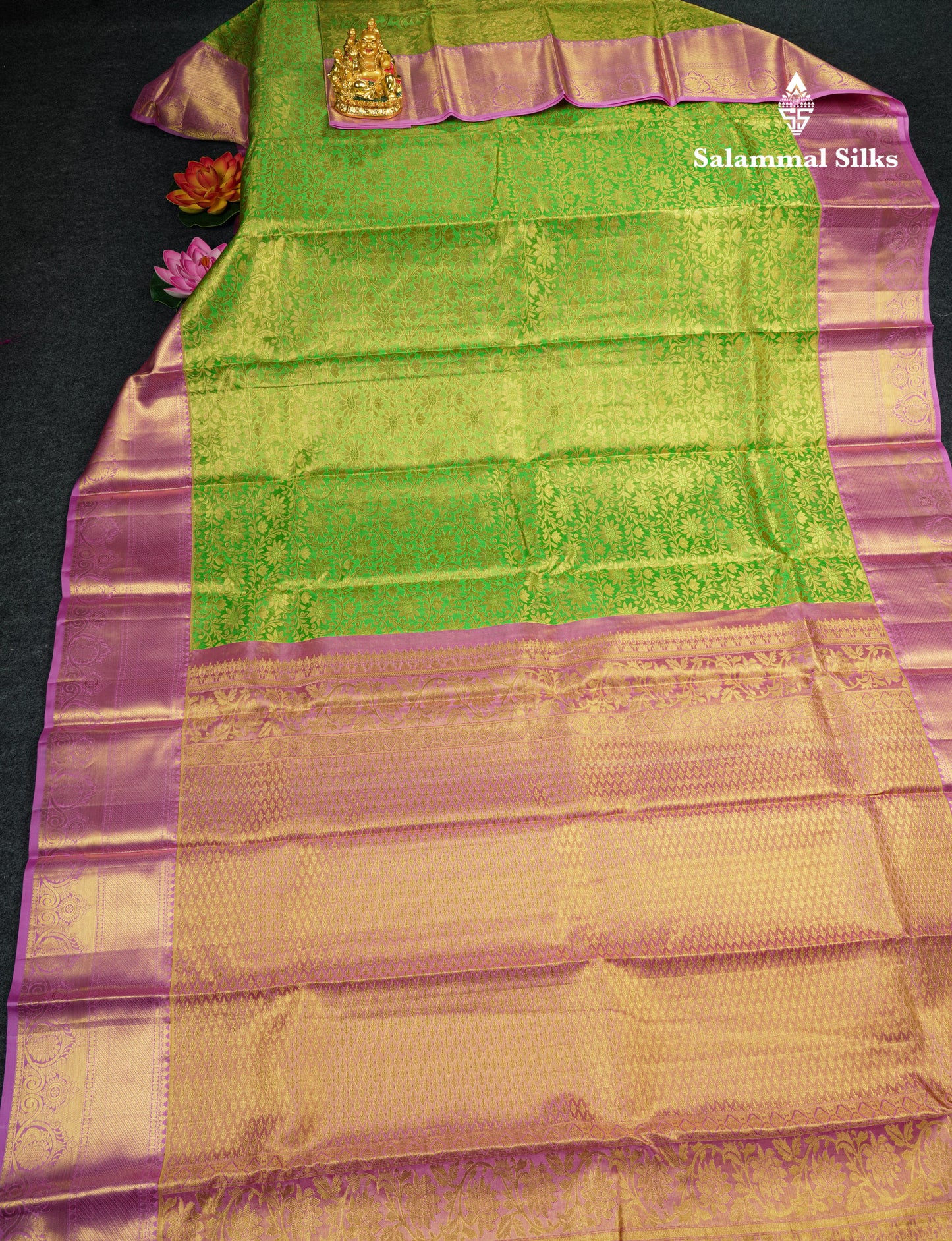 Kanjivaram Parrot Green Tissue Pure Silk Saree With Baby Pink Blouse