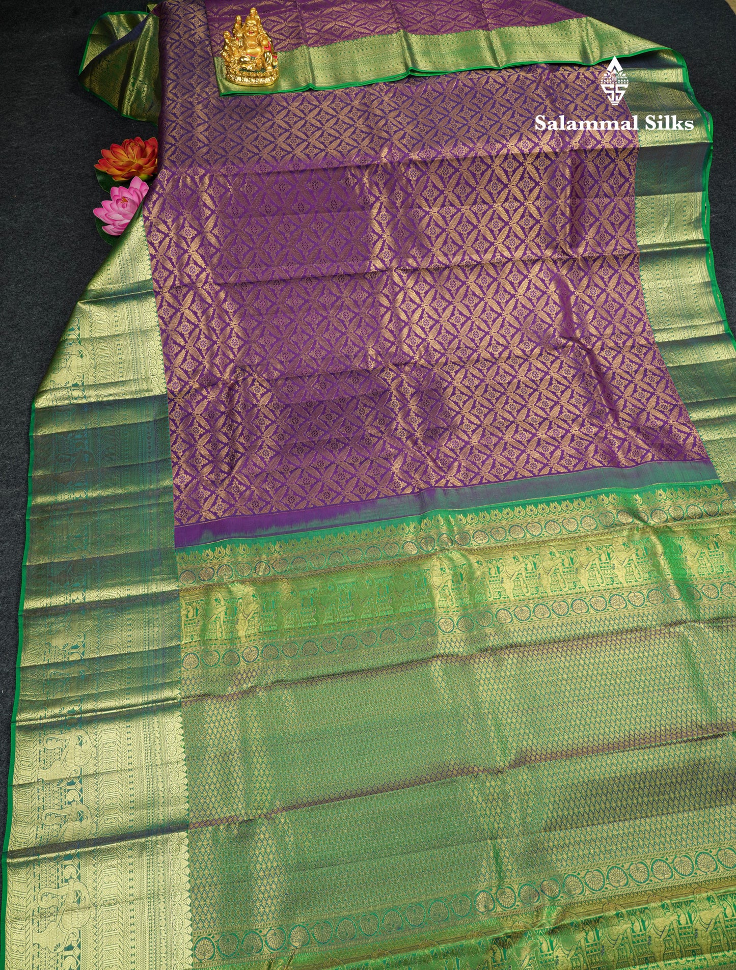 Purple Bridal Korvai Pure Kanjivaram Silk Saree With Contrast Green Border