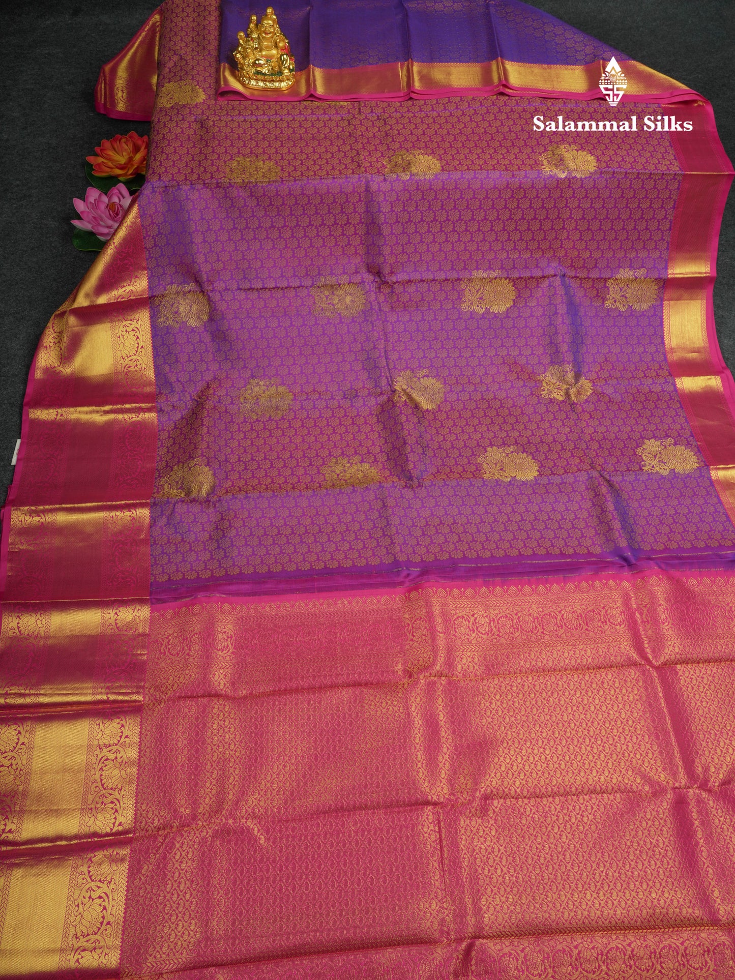 Kanjivaram Violet Pure Silk Jacquard Saree With Pink Blouse