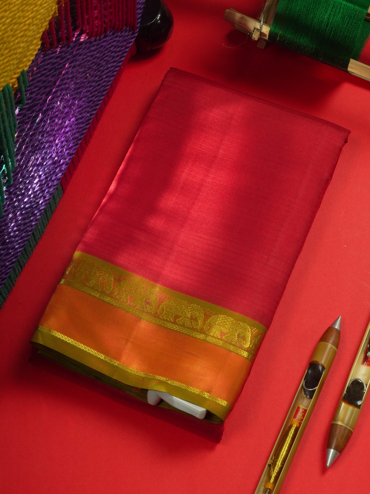Red Light Weight Beautiful Pure Silk Saree With Elephant Butta Border