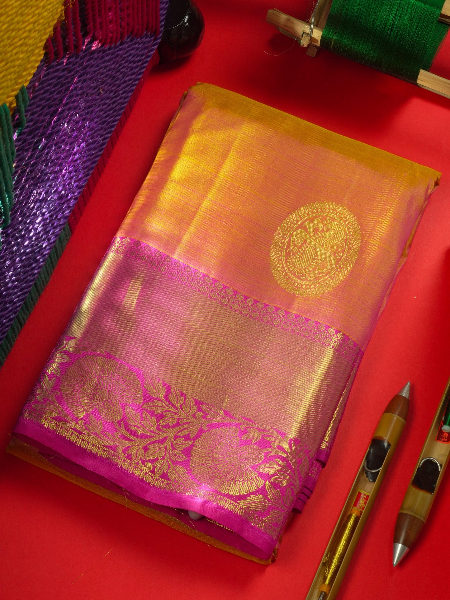 Kanjivaram Pinkkish Peach Pure Silk Saree With Magenta Rose Border