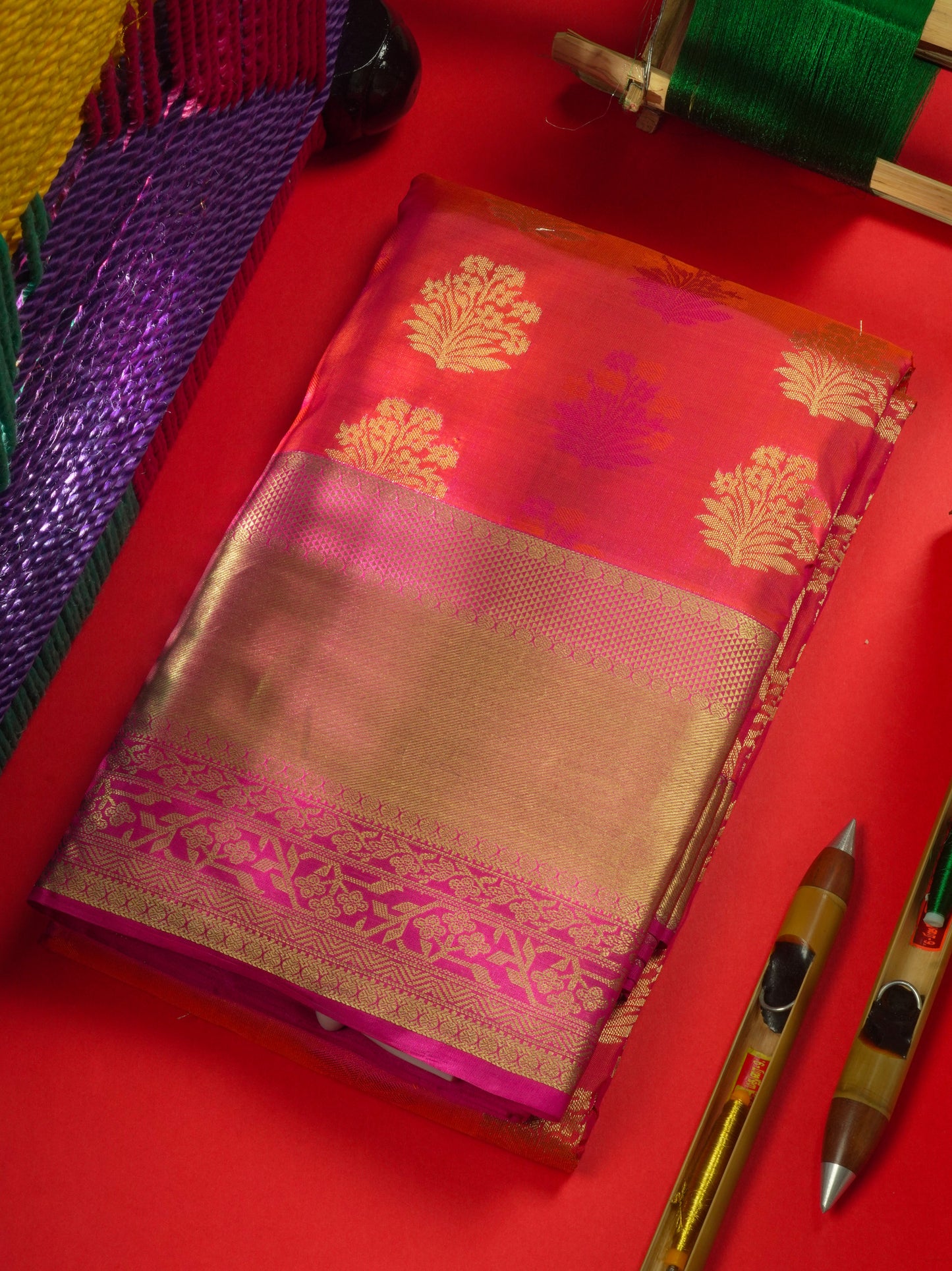 Pinkish Orange Pure Kanjivaram Silk Saree With Contrast Pink Border