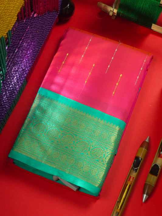 Pinkish Orange Colour Pure Kanjivaram Silk Saree With Sapphire Green Border