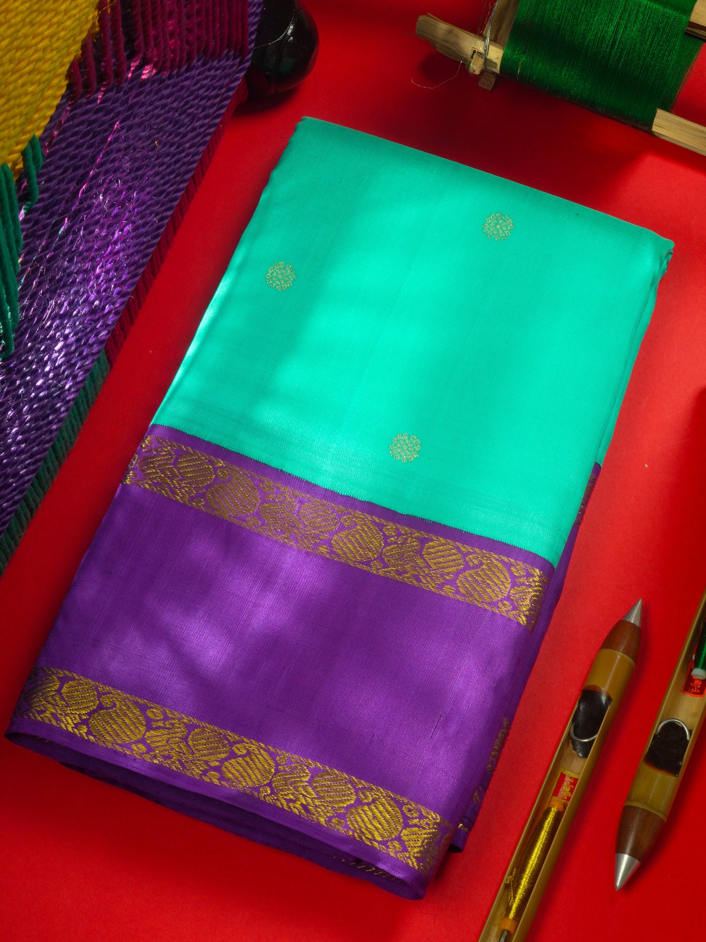 Kanjivaram Beautiful Sapphire Green Pure Silk Saree With Contrast Violet Traditional Gap Border