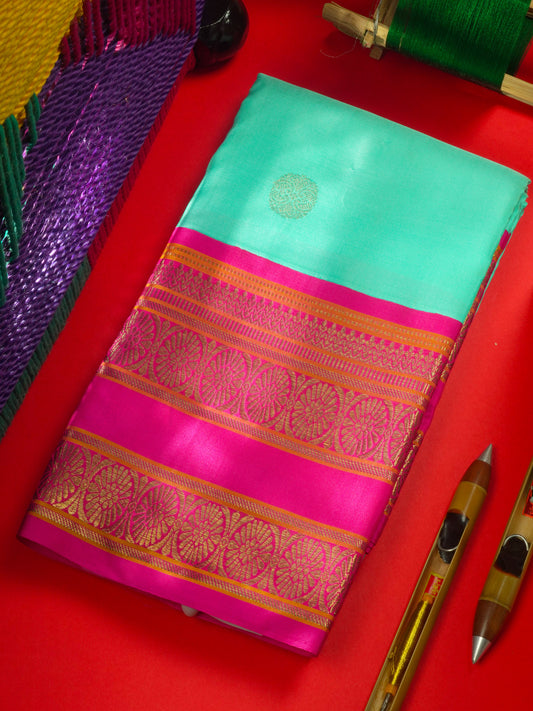 Kanjivaram Beautiful Sapphire Blue Pure Silk Saree With Contrast Pink Korvai Long Border