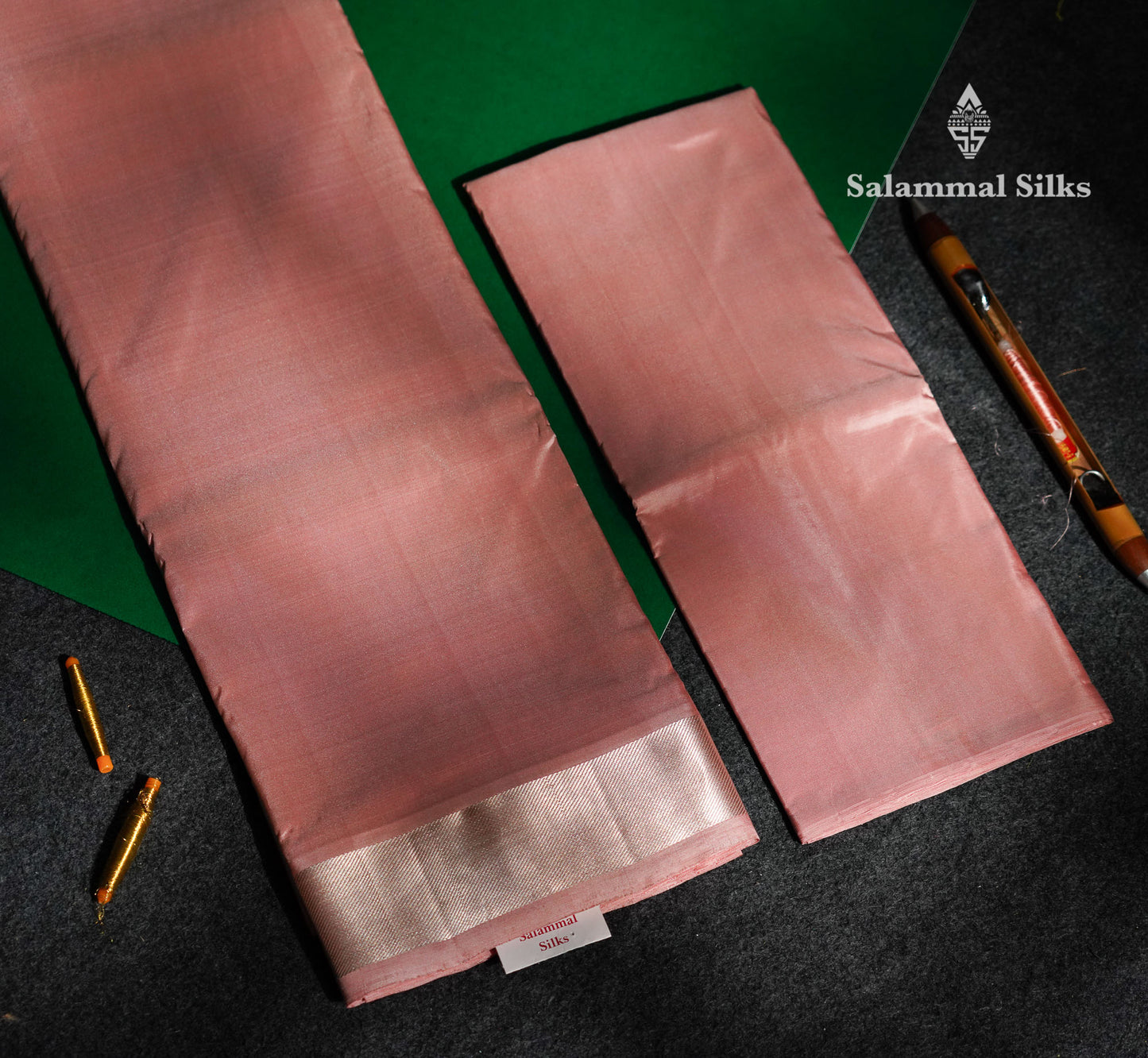 Light Copper Pure Silk Dhoti, Angavastram & Shirt (2.50M) with Silver Zari Border