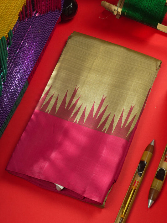 Kanjivaram Light Brown Plain Pure Kanjivaram Silk Saree With Traditional Temple Border