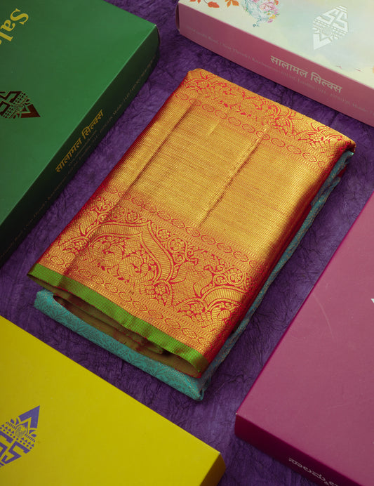 Sky Blue Pure Kanjivaram 2G Zari Silk Saree With Contrast Chilly Red Long Traditional Border