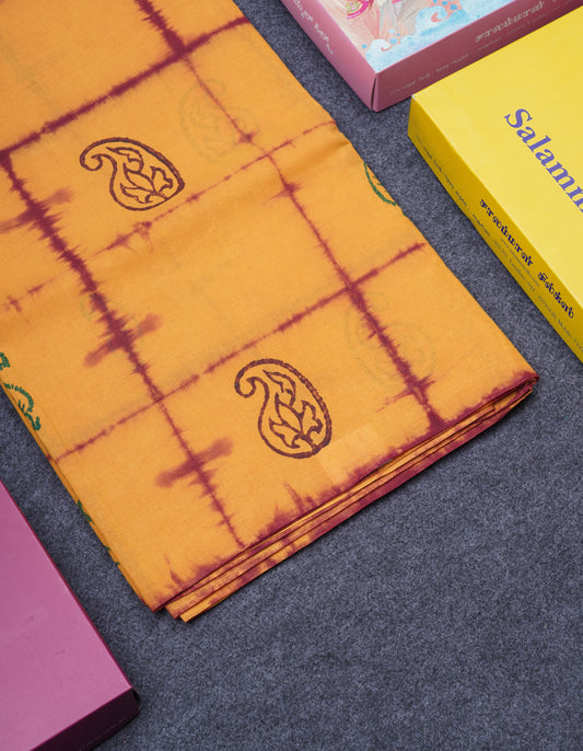 Yellow Big Checks With Butta Batik Print Sungudi Pure Cotton Saree With Running Blouse