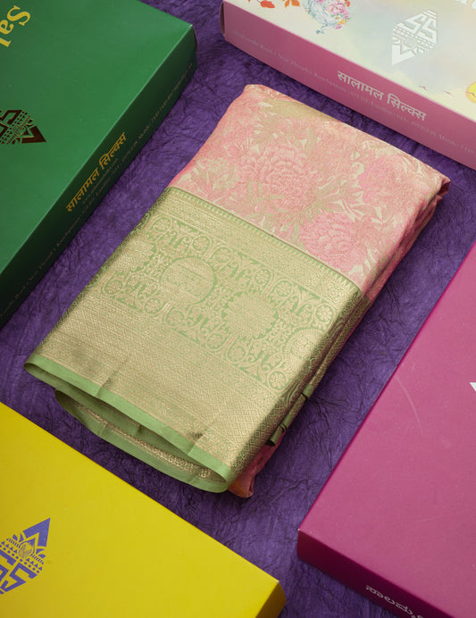 Peach Colour Pure Kanjivaram Fancy Silk Saree with Light Elaichi Green Border