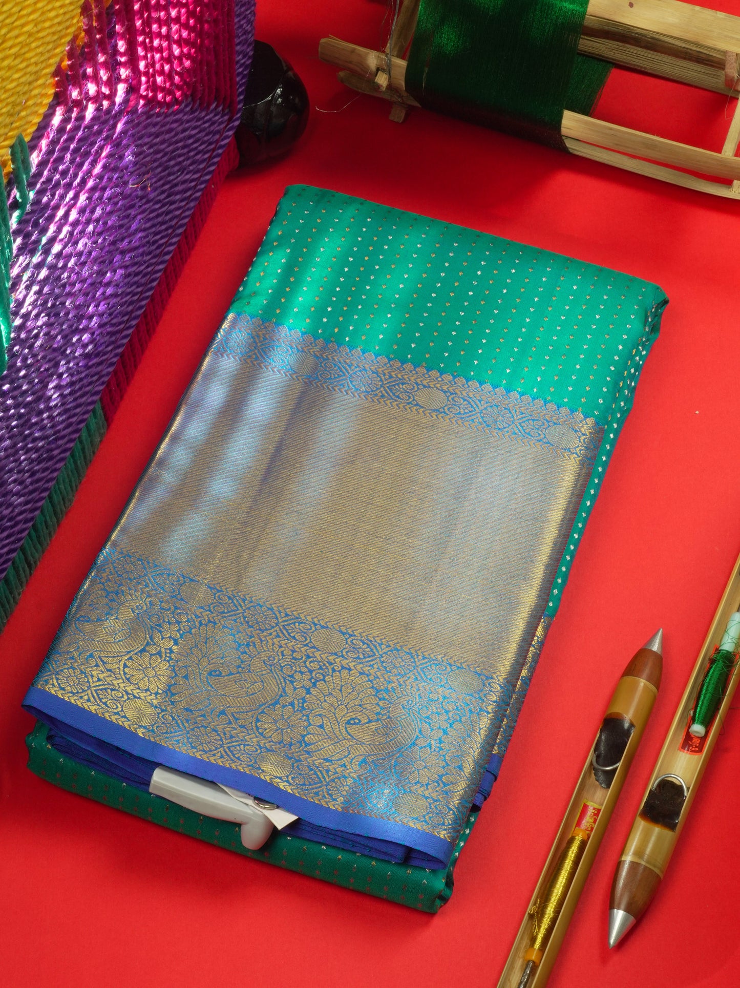 Kanjivaram Peacock Blue Pure Silk Saree With Royal Blue Long Border