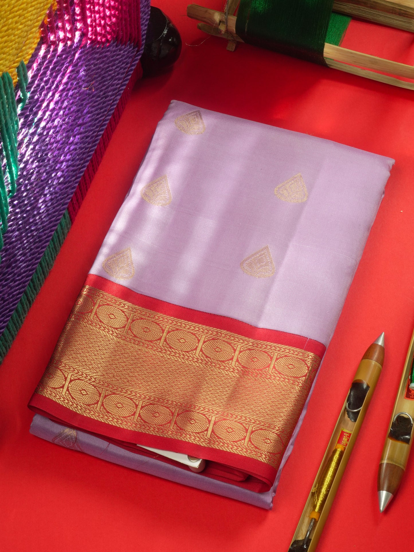 Lavender Pure Kanjivaram Silk Saree With Contrast Maroon Border