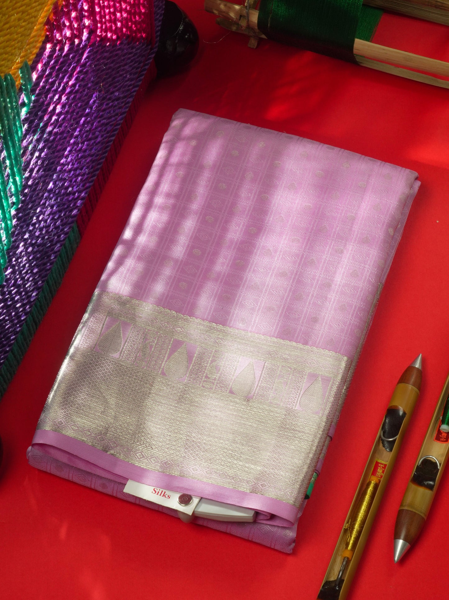 Lavender Small Checks Pure Kanjivaram Silk Saree With Silver Zari Border