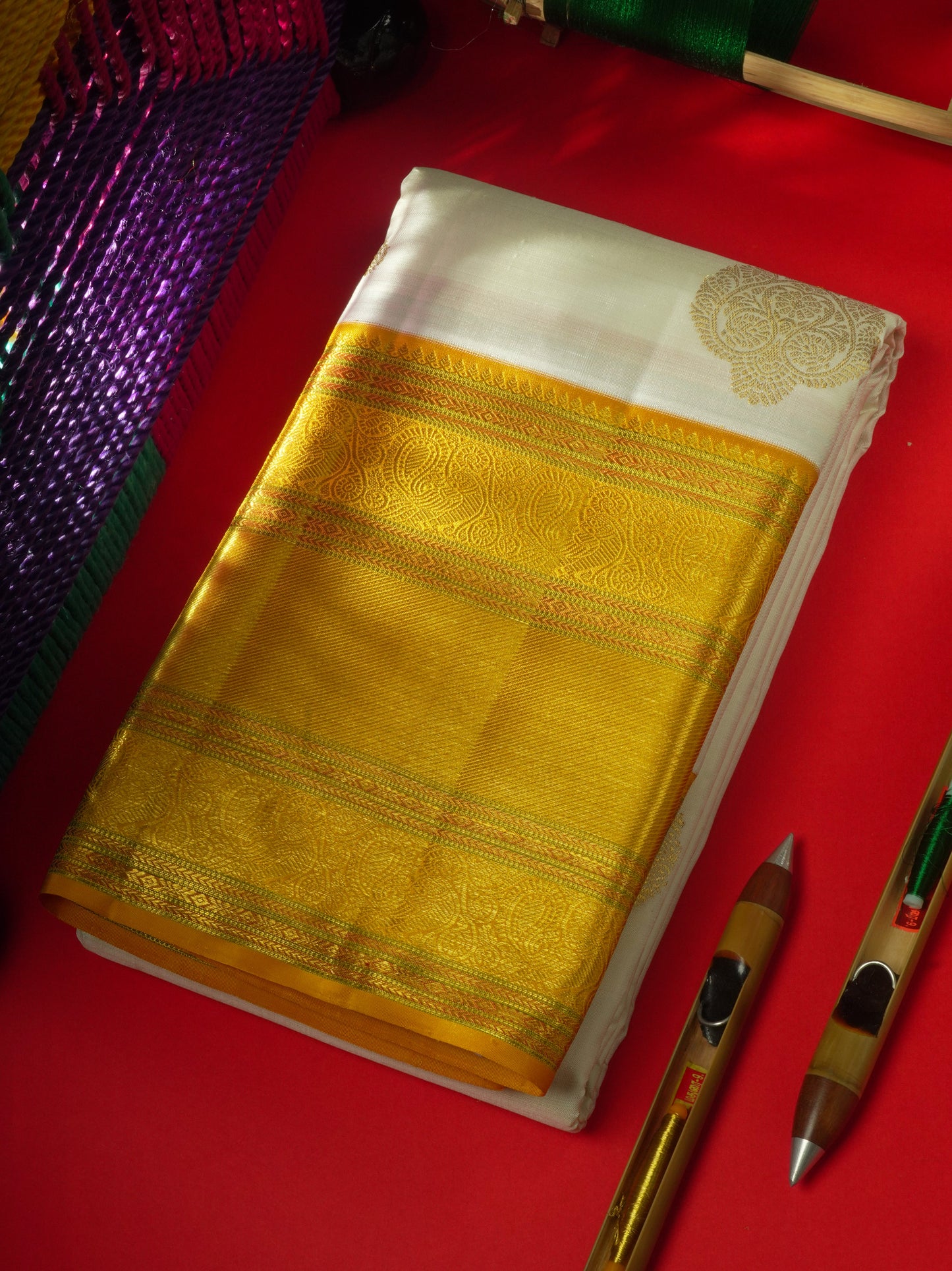 Half White Korvai Beautiful Pure Kanjivaram Silk Saree with Contrast Mustard Yellow Traditional Border