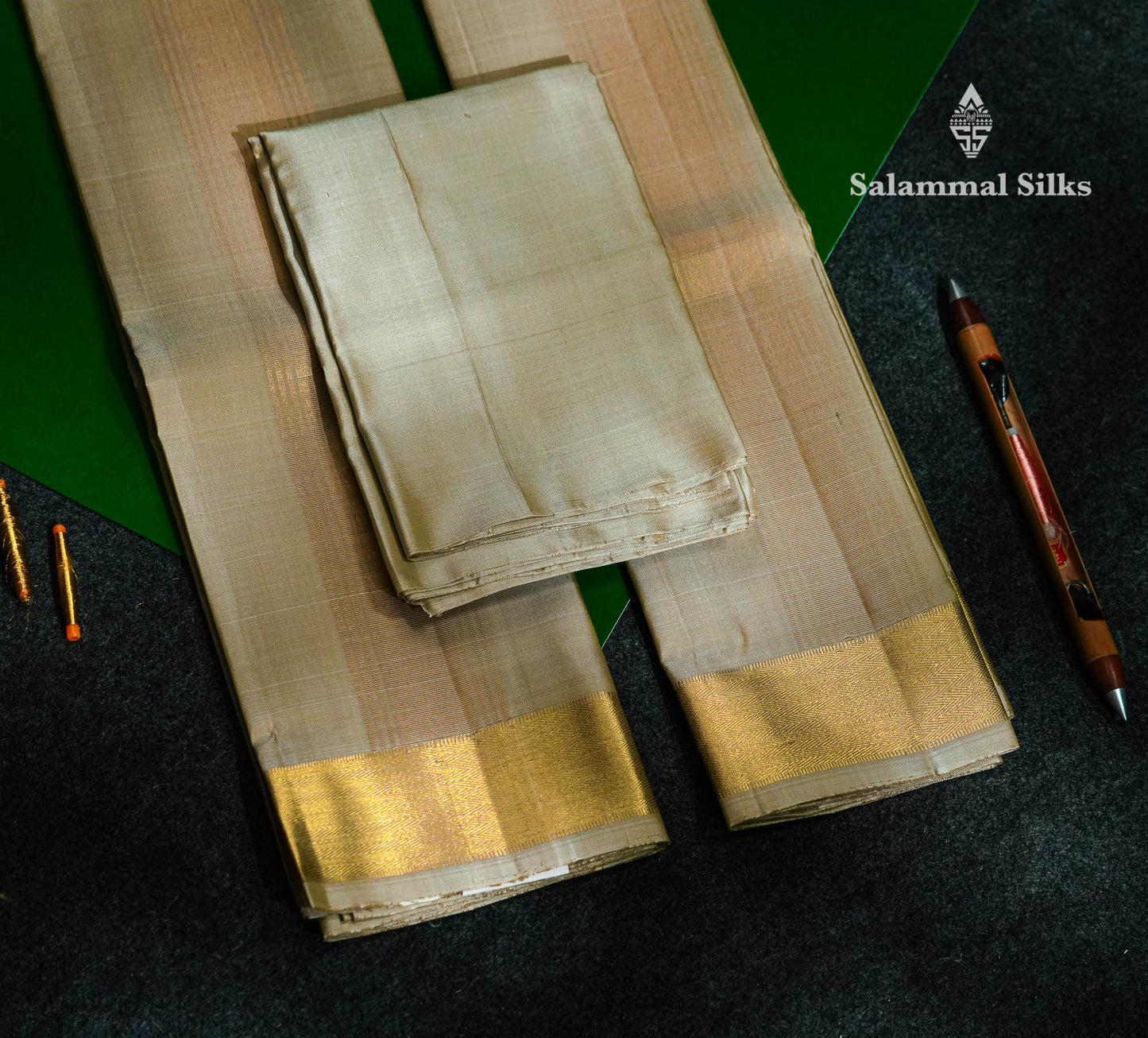 Cream White Pure Silk (8x4) Dhoti, Angavastram & Shirt (2.50M) with Gold Zari Border