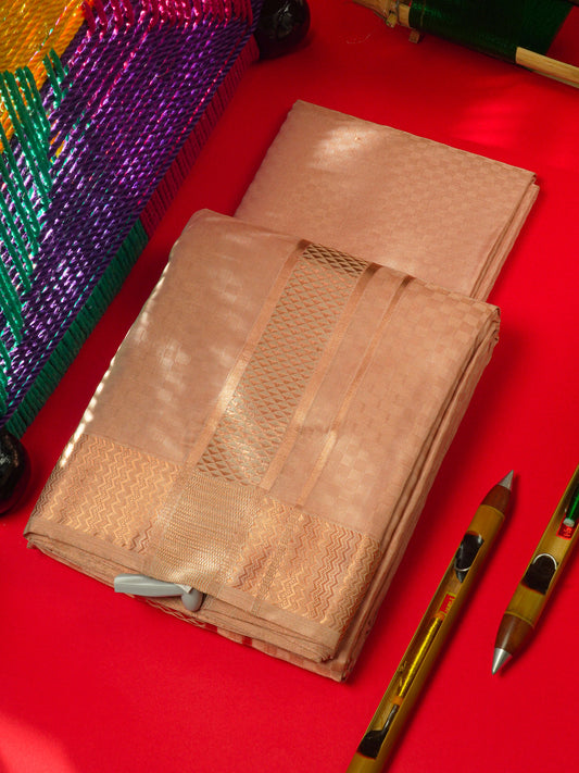 Copper Colour Pure Silk Dhoti, Angavastram & Shirt (2.50M) with Copper Zari Border