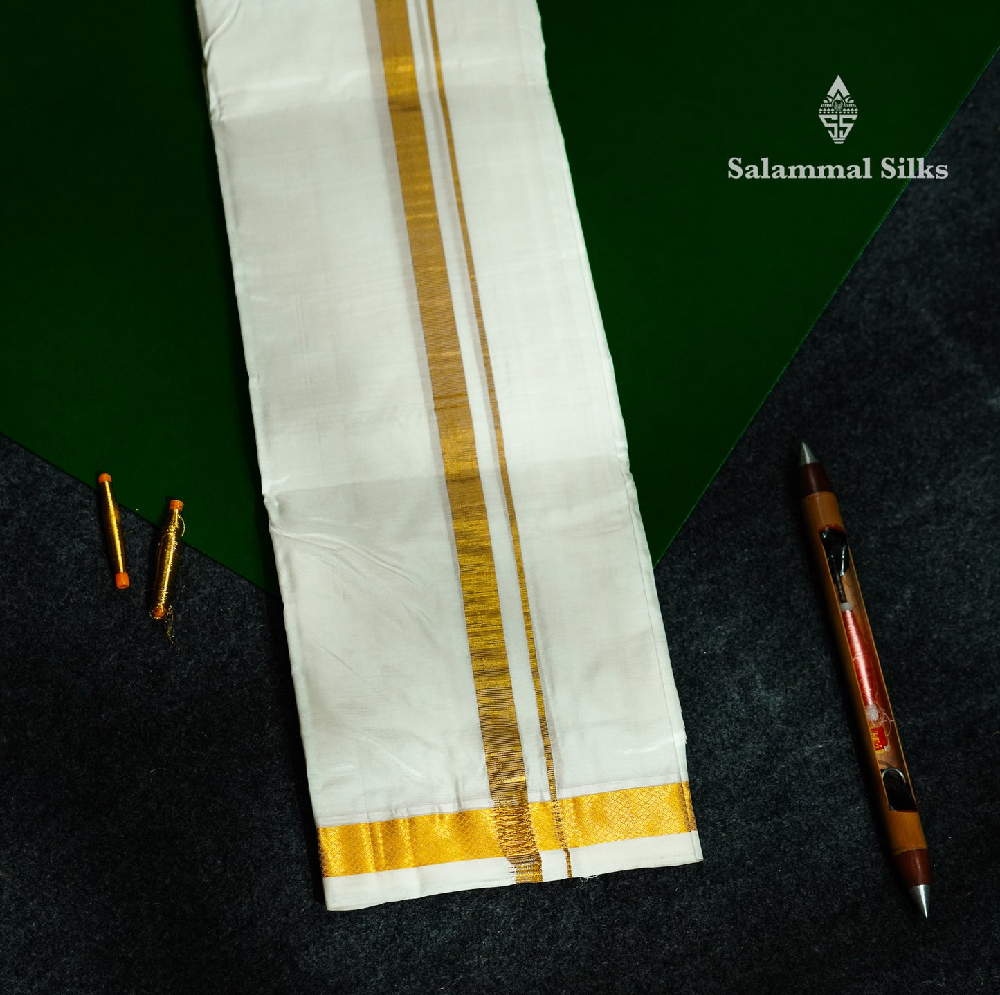White Pure Silk Dhoti (9x5) Yards with Gold Zari Border