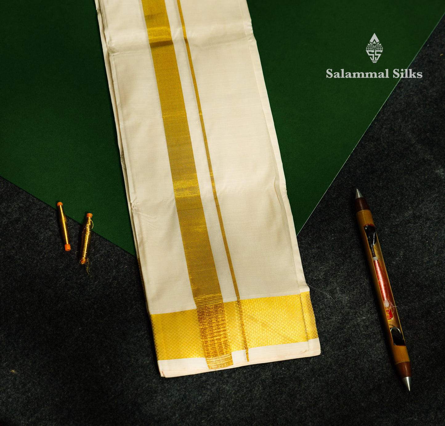 Beautiful Cream Pure Silk 8 Muzham Dhoti with Gold Zari Border