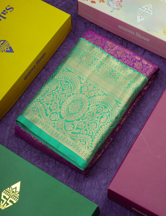 Purple Bridal Semi Silk Saree With Contrast Sapphire Green Border